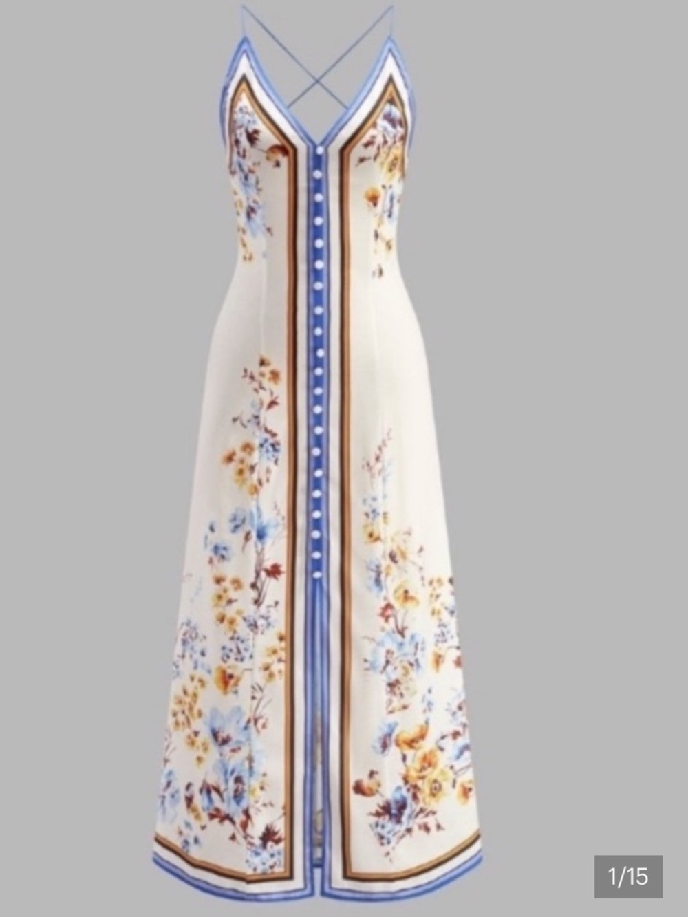 Commense White Maxi Dress with Blue and Gold Floral Trim